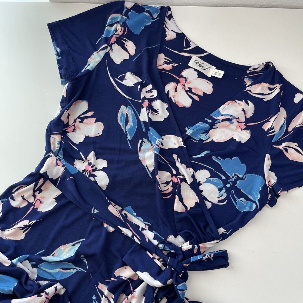 Eliza J Maxi Dress Sz 6 Faux Wrap Long Jersey Stretch Blue Floral Short Sleeve
